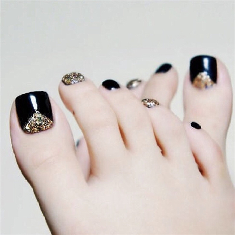 

24pcs/box Shiny Glitter Gold Black Fake Foot Nail With Glue press on Sexy Girl Summer Wearable Full Cover Short false toenails, As show