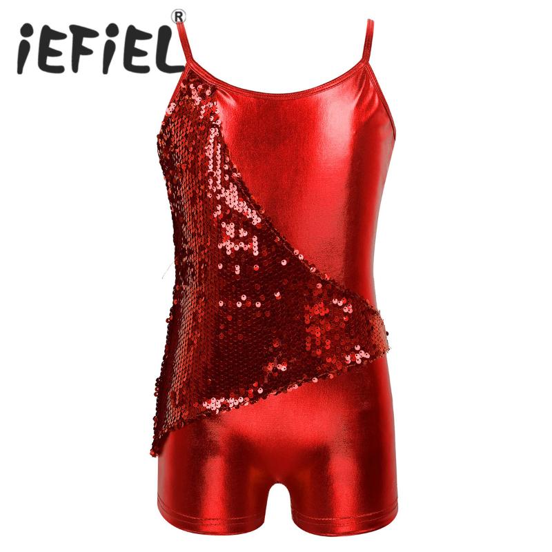 

Kids Girls Spaghetti Shoulder Straps Shiny Sequins V-shaped Back Metallic Ballet Dance Gymnastics Shorty Unitard for Performance, Silver