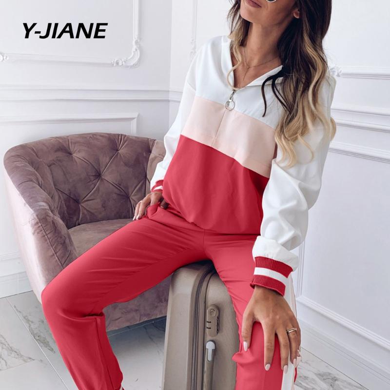 

Woman Patchwork Print Sets Zipped Long Sleeve Casual Outdoor Sport Tracsuit Outfit Female Ladies 2 Pieces Set Autumn#G3, Gray