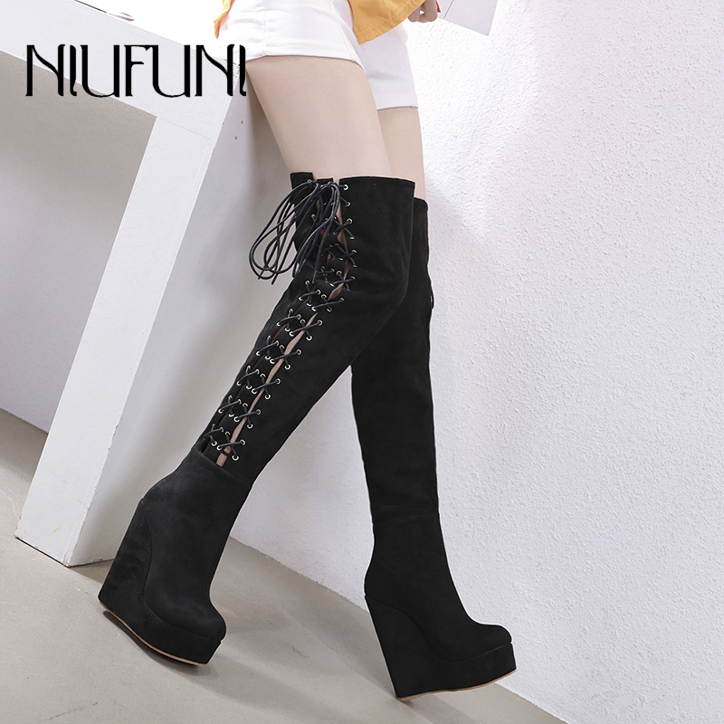

Fashion Solid Color Wedges Women's Boots Sexy Waterproof platform Cross Straps High Heels Nightclub Party Over the Knee Boots, Black
