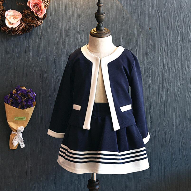 

Baby Girls Elegant Patchwork Suit Dress Two Pcs Sets College Wind Single Dark Buckle Kids Dress fit for 100 to 130Height, Blue