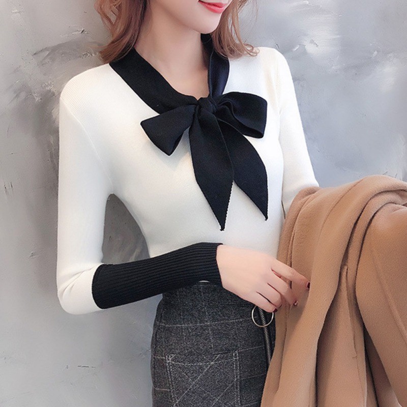 

Blackday Sweater Women Bow Decoration Casual V Neck Long Sleeve Patchwrok Sweaters Design Knitted Pullover Top Hot Style, Black