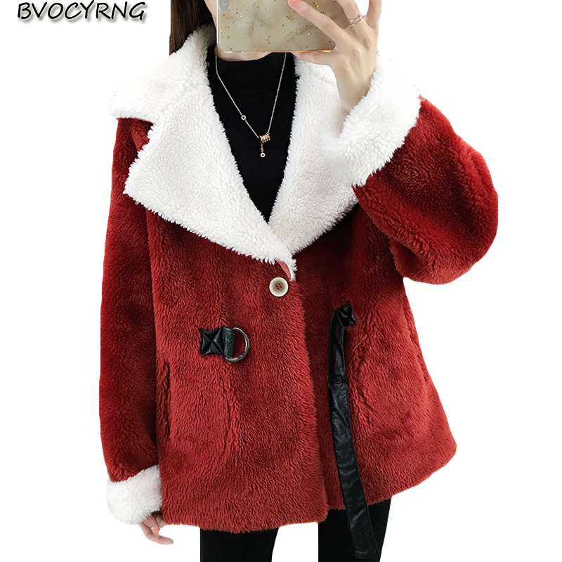 

lapel Lamb hair winter coat female high-end parka 2020 autumn winter warm cashmere sheep shearing coat women loose tops A1528, Red
