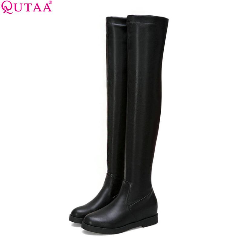 

QUTAA 2020 Pu Leather Women Over The Knee High Boots Fashion Women Shoes Winter Boots Round Toe Casual Size 34-43, Black