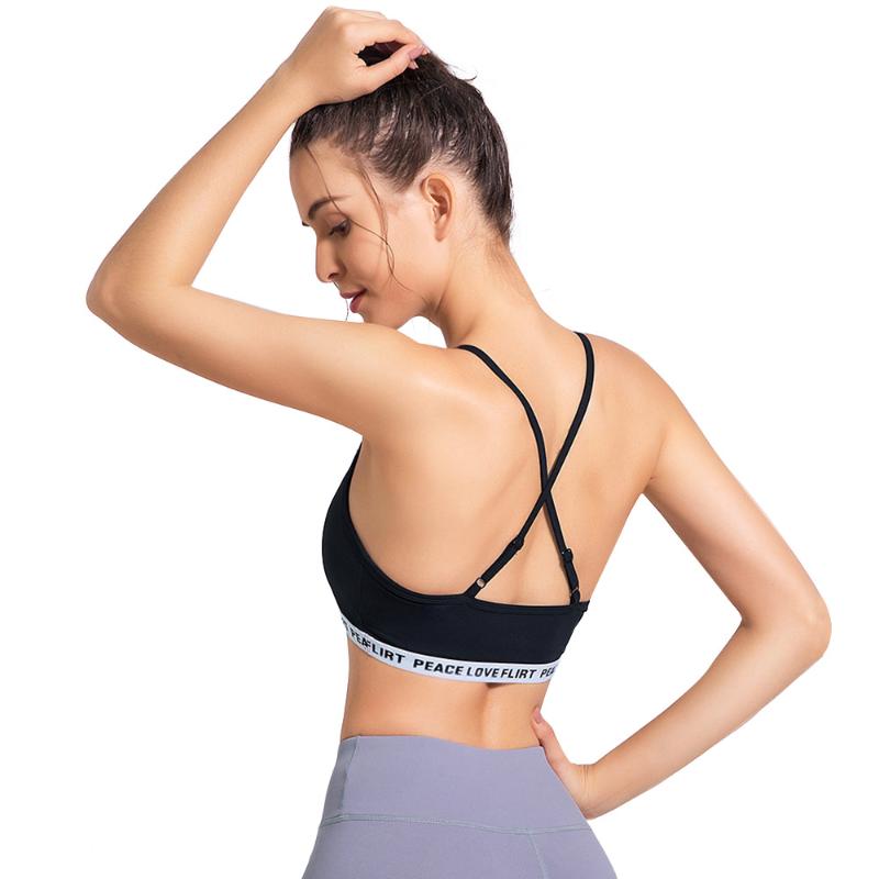 

LUKITAS Women Sport Bra Top Push Up High Stretch Cross Straps Letter Fitness Running Training Workout Nylon Femme Yoga Bra, White