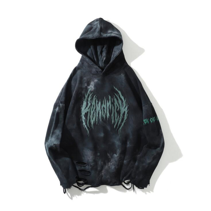 

Dark wind tie-dye gradient color hooded men's European and American high street fashion brand funeral hem hole hoodie, Black