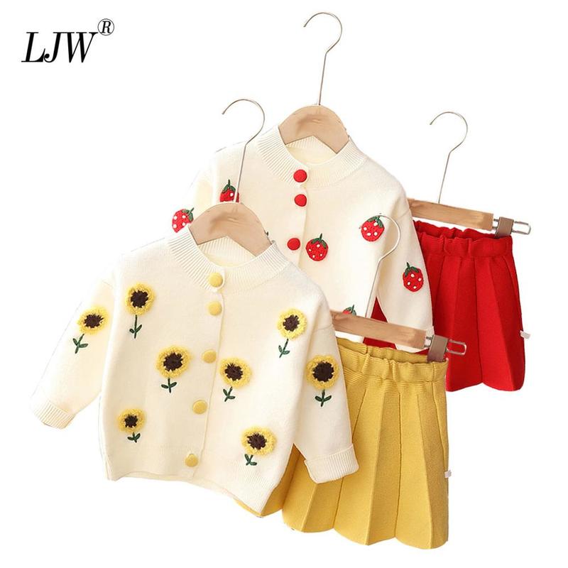 

0-5yrs Baby Girls' suits knitted cardigan Flower princess dress autumn girl's embroidered pleated dress 2pcs Baby girl clothes, As picutre