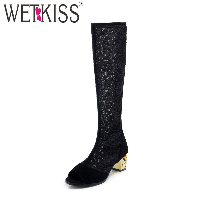 

WETKISS High Heel Knee High Summer Women Boots Peep Toe Zipper Lace Footwear Antumn Fashion Boots Metal Decoration Ladies Shoes, Black snowflake