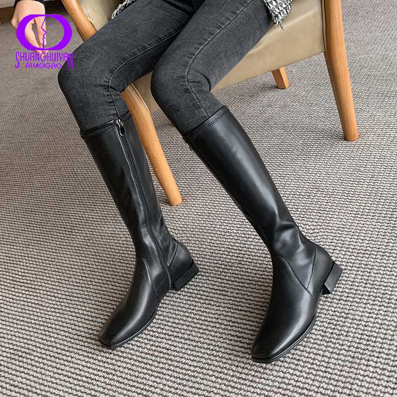 

AIMEIGAO 2020 Winter Genuine Leather Long Boots Women Office Lady Square Toe Med Heels Shoes Female Platform Knee-High Boots New, Black