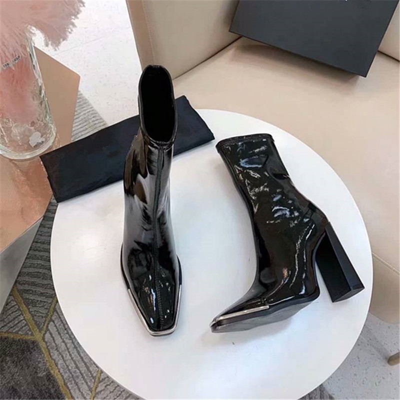 

Ladies Boots Scarpe Donna Women Shoes Patent Leather Chaussures Femme Ankle Boots High Heel Female Shoes Round Toe Botas Mujer, As show