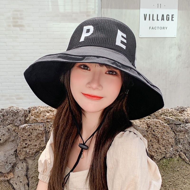 

Summer big eaves fisherman's hat female hollow sun hat wind proof sun Japanese versatile Korean letter, White