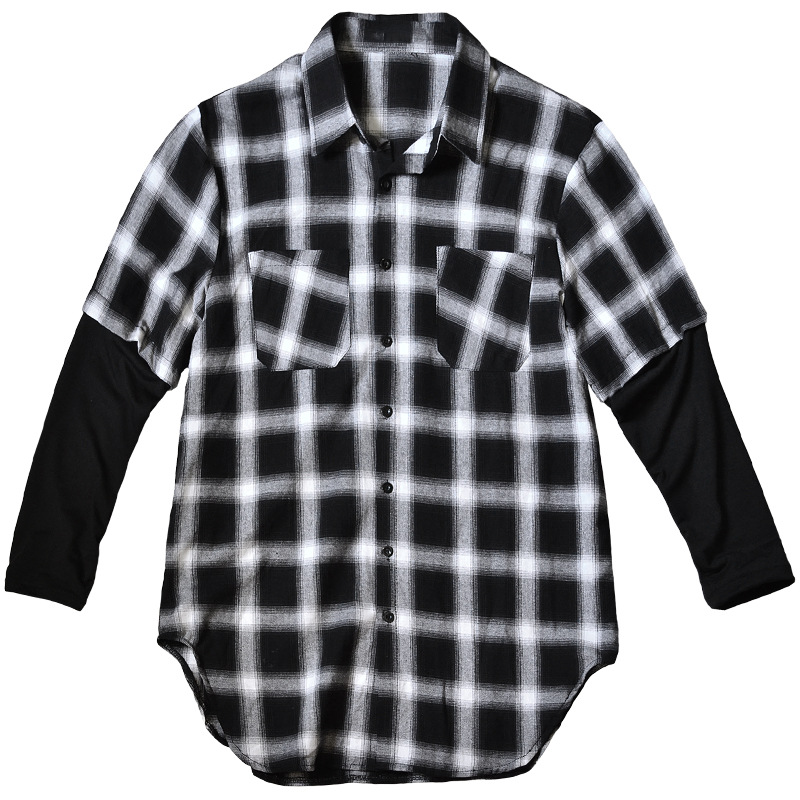 

ZhuZunZhe 2020 Summer New Men's Middle-Aged Print Long-Sleeved Casual Plaid Shirt Stitching Hip-Hop Boys Youth Fashion, Black