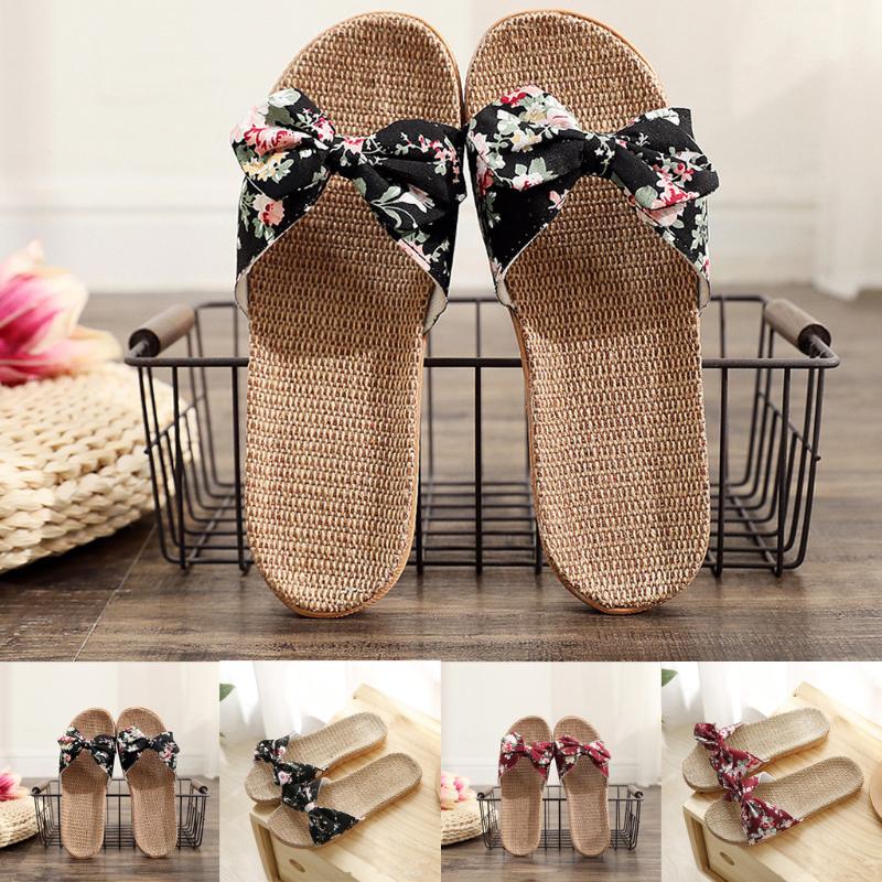 

Women Flax Slippers Summer Casual Slides Beach Shoes Ladies Indoor Linen Slippers Bohemia Floral Bow Flip Flops Sandals A50, Green