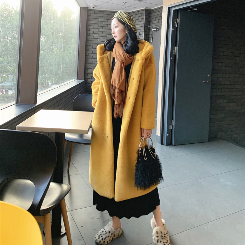 

2020 New Fashion Womens Faux Fur Coat Hooded Loose Thick Warm Overcoat Solid Color Single Breasted Long Fur Coat K36, Green