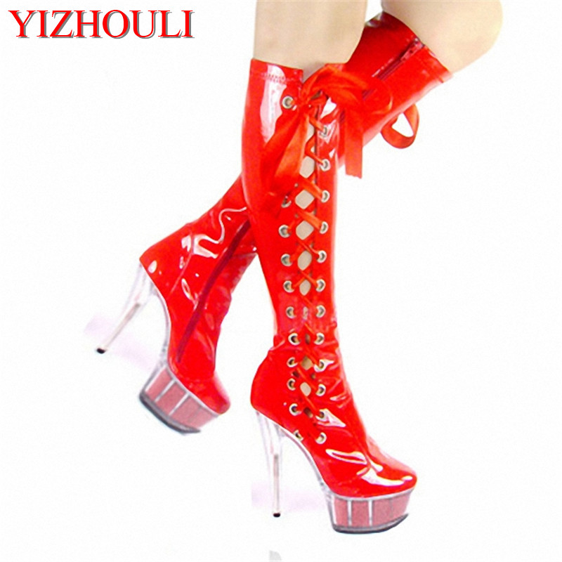 

Wholesale HOT Fashion sexy high heel knee boots clear Platform women's motorcycle boots 13-15cm dancing, Red