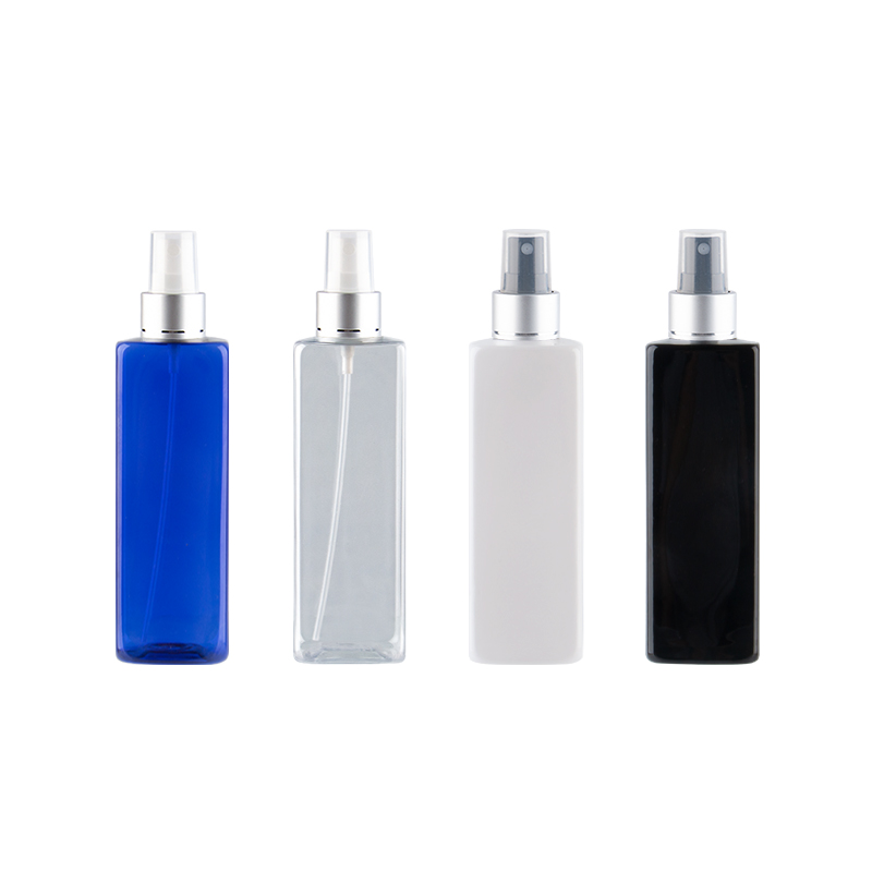 

250ml Empty Refillable Square Bottles With Silver Aluminum Spray Pump Colored Plastic Cosmetic Containers For Travel Packaging