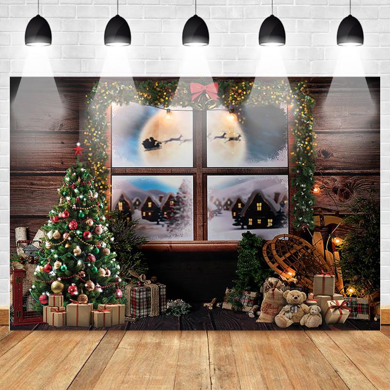 

Christmas Windows Backdrop for Photography Winter X-mas Light Moon Christmas Tree Background Wood Gifts Toy Photocall Photophone