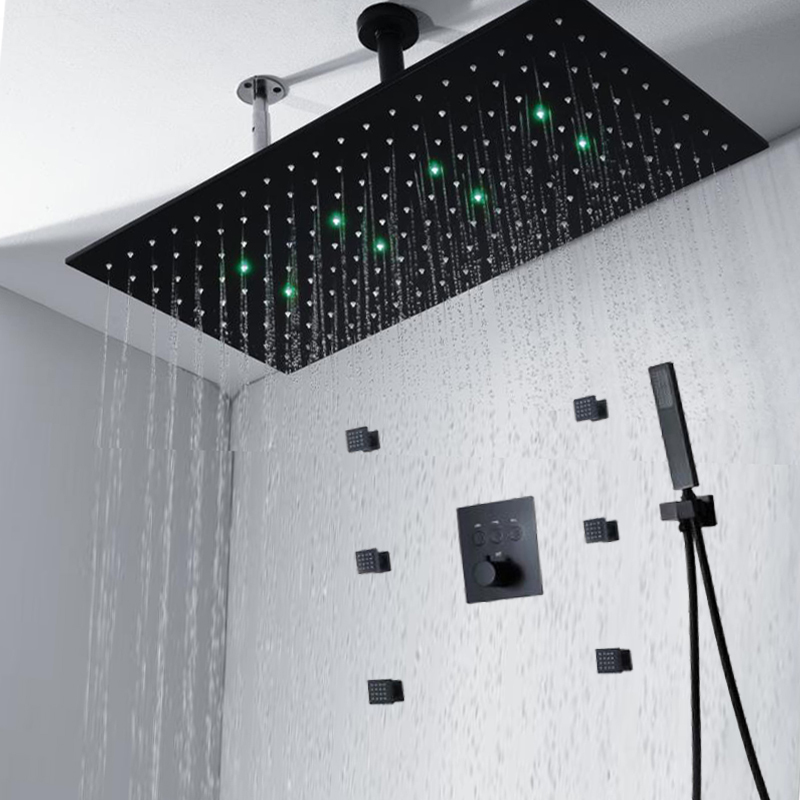 3 Functions LED Shower Panel Bathroom 595*300mm Concealed Rain Shower Massage Spa Body Jets Set with Hand Shower-image-565231102