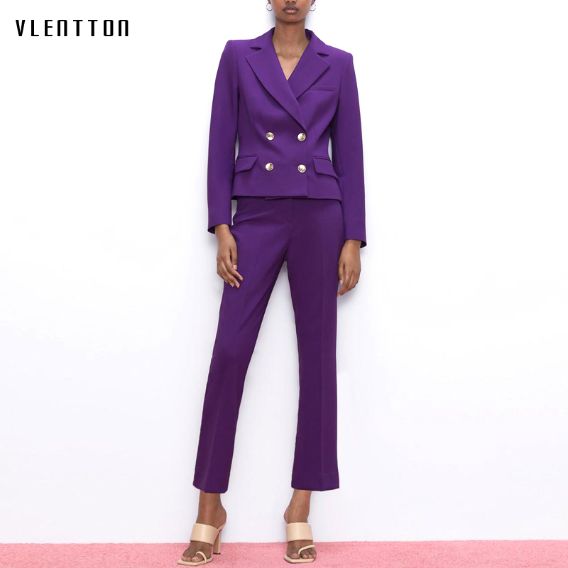 

2020 Spring Autumn Fashion Two Pieces Set Women Slim Short Blazer Jacket Coat+Zipper Pants Suit Office Lady Female Trousers Sets
