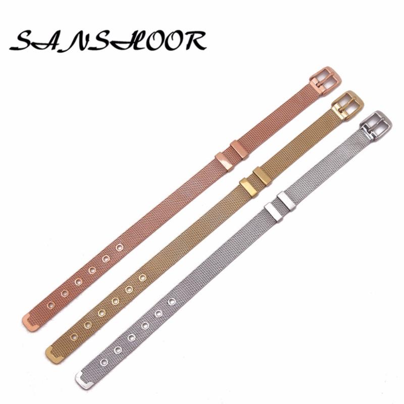 

SANSHOOR 3 Colors 21cm Stainless Steel Mesh Armband Bracelet Plus 2 Fit Keepering Charms Collection For Women 3Pcs