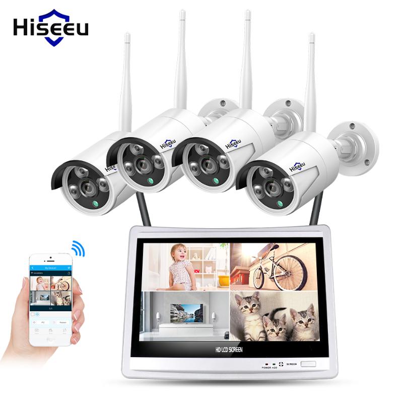 

12'' Displayer 4pcs 1080P Wireless CCTV IP Camera System 4CH NVR wifi video surveillance home Security System Kit Hiseeu