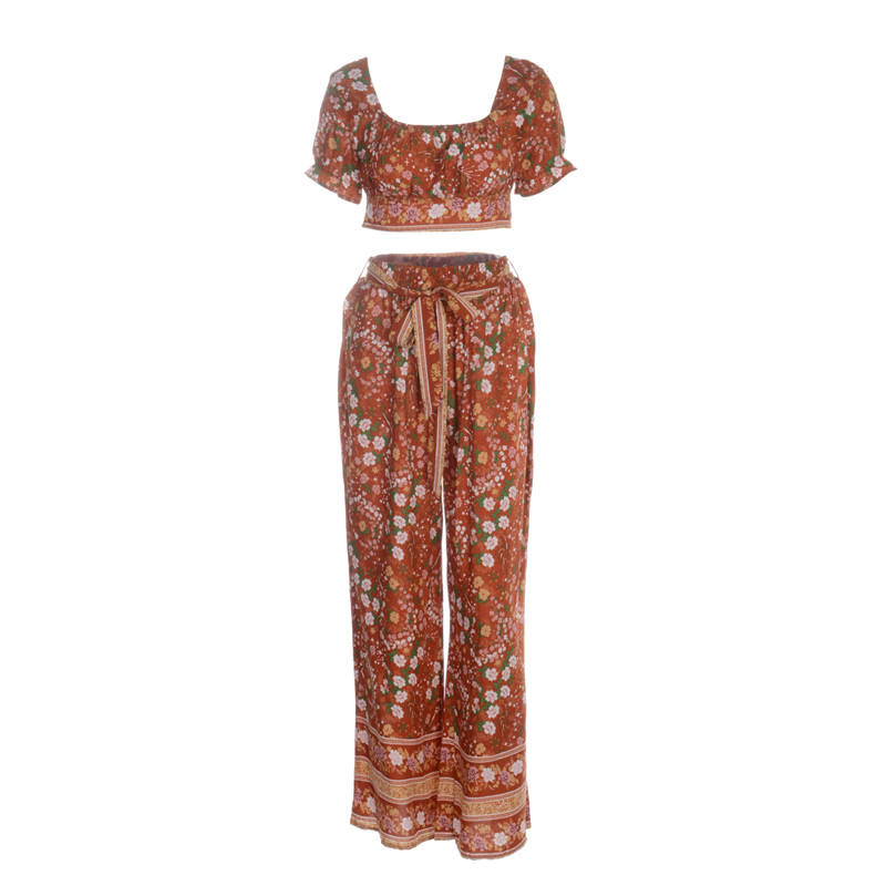 

Women' Fashion Casual Suit Short Sleeve Square Collar Floral Short Top Bowknot Belt Wide Leg Trousers, Multi
