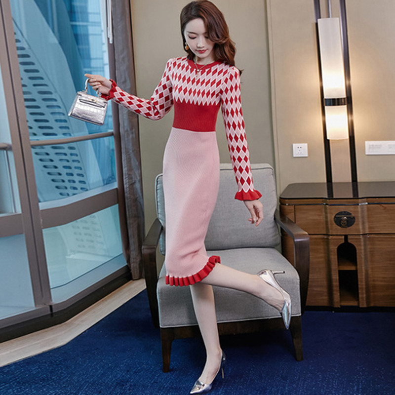

Knitted Sweater Dress Women Flare Sleeve O Neck Spring Dress 2020 New Autumn Plaid Sweet Ruffle Elegant Slim Long, Blue