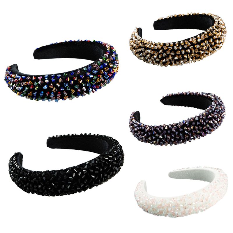 

Baroque Ladies Handmade Jewelry Headband Velvet Thick Sponge Wide Hair Hoop Colorful Shimmer Glass Beads Crystal Bandana