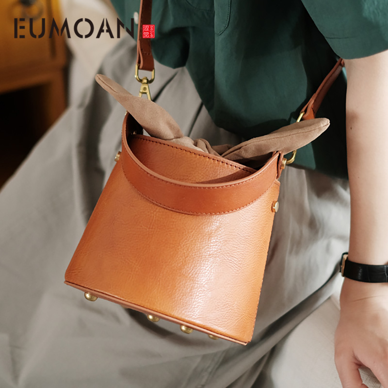 

EUMOAN Women's leather bucket bag, women's high-capacity trend shoulder bag, vintage cowhide handbag