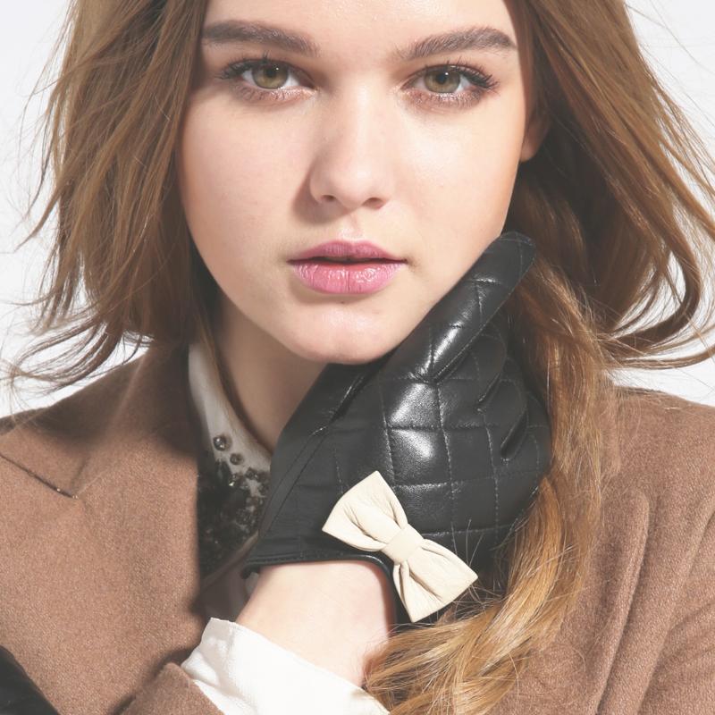 

NH Winter Women's Genuine Leather Gloves High Quality Black Real Goatskin Touch Screen Gloves Soft Fashion Bow-knot Cute Mittens