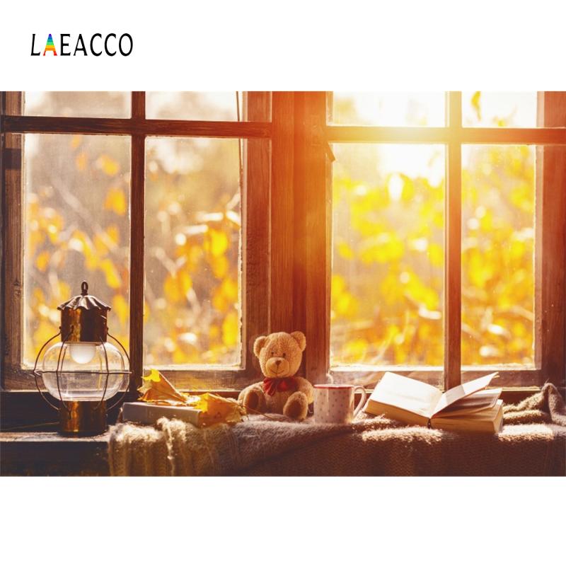 

Laeacco Autumn Teddy Bear Window Sill Light Table Bokeh Morning Child Interior Photo Background Backdrops Photocall Photo Studio