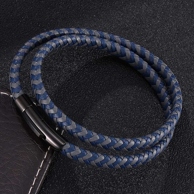 

Fashion Mix Braided Blue Gray Leather Double Layer Bracelets Men Women Stainless Steel Snaps Jewelry Unisex Accessories Gifts