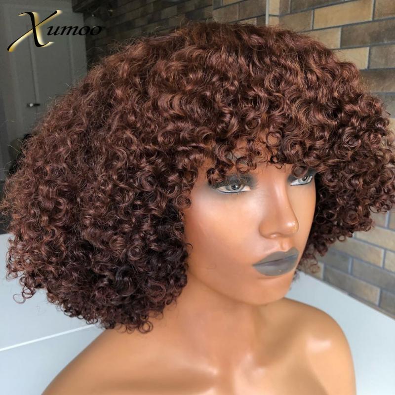 

XUMOO High Density Short Bob Kinky Curly Brazilian Human Hair Wig With Bangs None Lace Wig Short Human Hair Wigs For Black Women, As pic