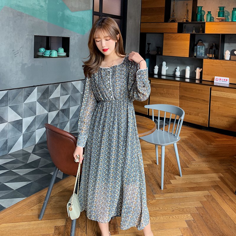 

Han edition dress party led spot ~ autumn outfit new collarbone small broken flower long sleeve chiffon dress, Green