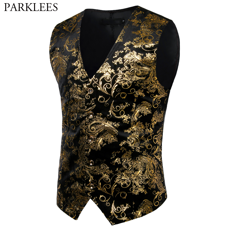 

Mens Gold Metallic Paisley Printed Steampunk Vest Single Breasted V Neck Wedding Waistcoat Men Tuxedo Aristocrat Vests Gilet 2XL, Black