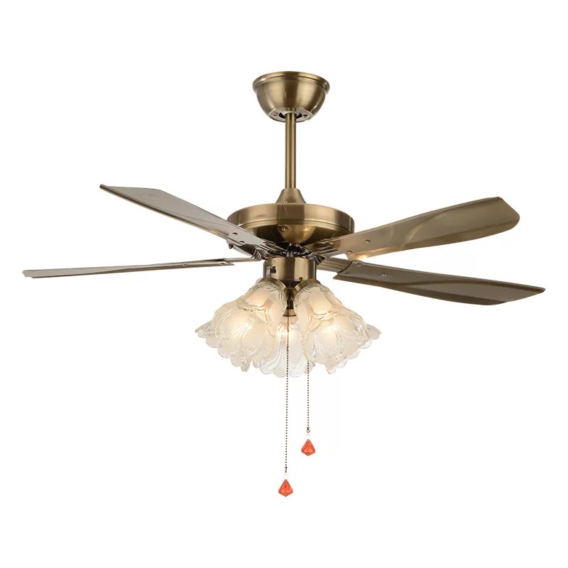 

Nordic brown retro line pull fan light with light pull-wire control LED silent wood fan bedroom living room ceiling lamp