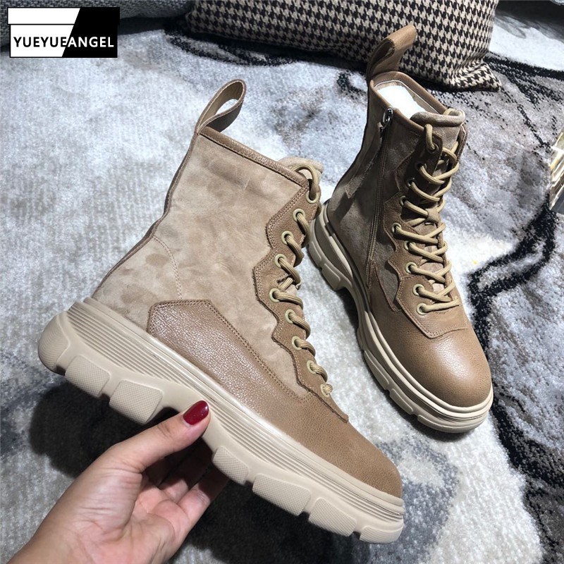 

Platform Genuine Leather Boots Women Casual Lace-Up Safety Ankle Boots England Style Side Zip Biker Zapatos De Mujer, Black