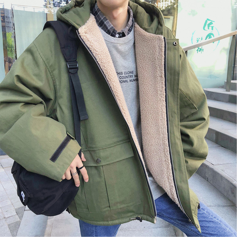 

Winter New Jacket Men' Warm Thick Fashion Parka Solid Color Casual Hooded Coat Man Streetwear Wild Loose Cotton Male Clothes, Gray
