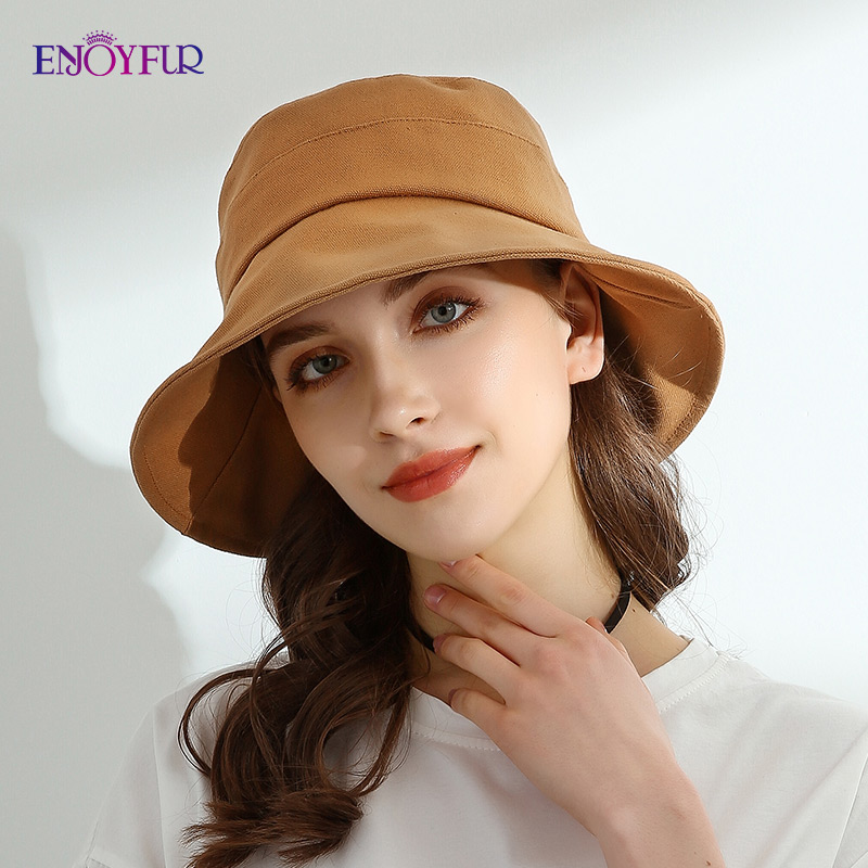 

ENJOYFUR Summer Bucket sun Hats For Women Foldable Cotton Beach hat Female Fashion Solid Color Casual sun Hats, 01