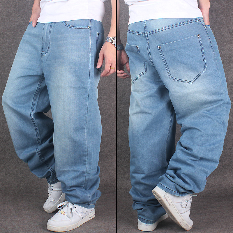 

New Men's Loose Blue Jeans Hip Hop Rap Skateboard Simple Pants Dance Baggy Solid Colors Denim Pants Straight Jeans Size 30, Sky blue