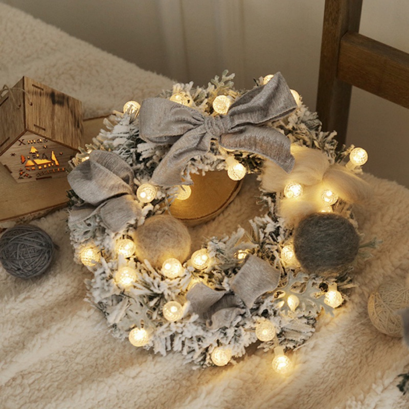 

New Christmas Wreath With LED String Light Bowknot Plush Balls Decorated Garland For Front Door Window Wall Hanging Decor