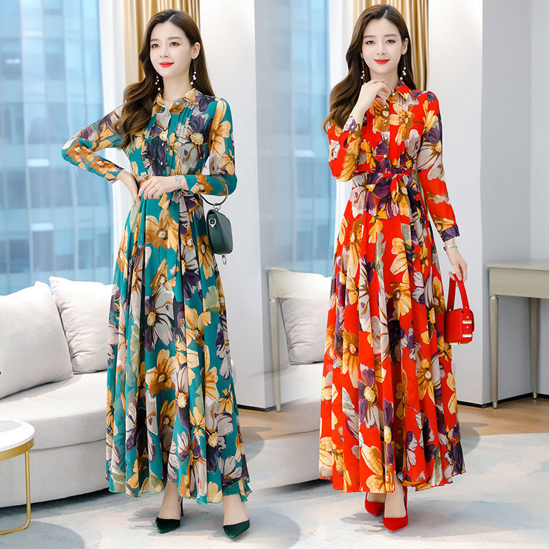 

2020 Women Spring Autumn Long Sleeve Floral Printed Retro Maxi Solid Dress Bohemian Chiffion Female Stand Dresses Vestidos C280, Red
