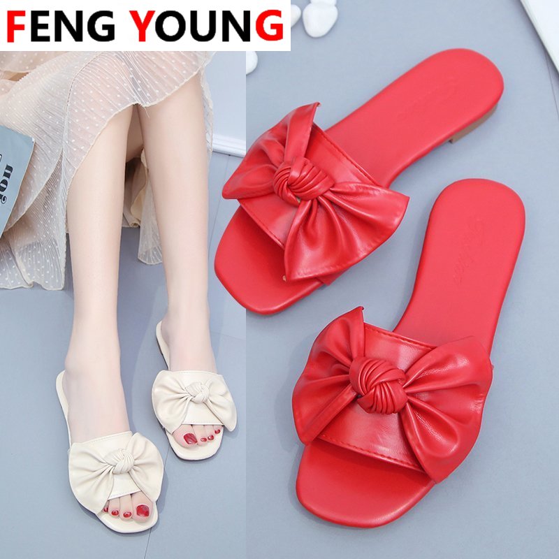 

Women Shoes Woman Slides Flat 2020 New Summer Slippers Female Solid Leather Casual Shoes Bow Knot Beach Female Flip Flops Slides, Red