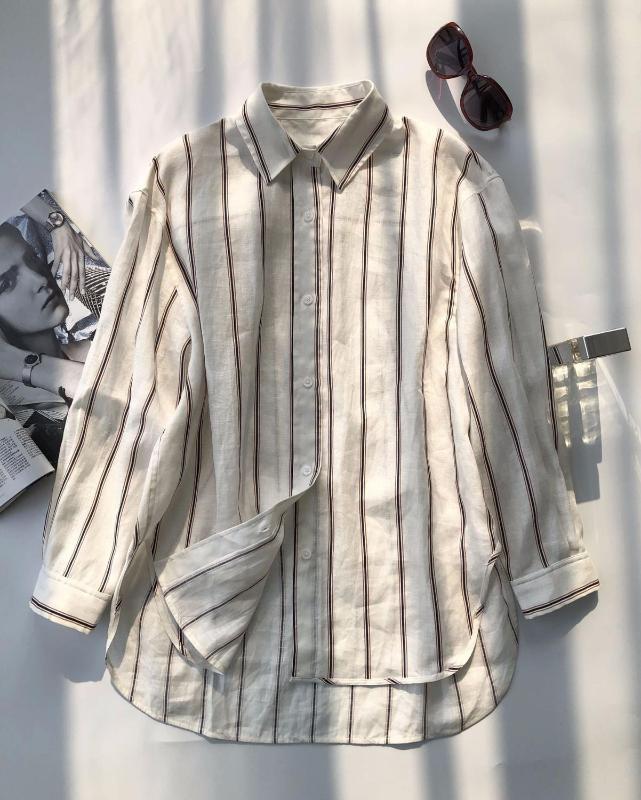 

2020 Early Women' Linen Stripe Blouse Turn Down Collar Long Sleeve Loose Shirt with Button, As show picture