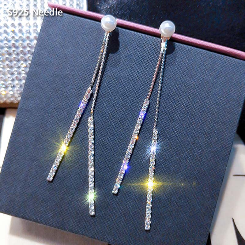 

Real 925 Sterling Silver Needle Long Dangle Earrings for Women Jewelry Double Side Pearl Rhinestone Drop Tassel Earrings