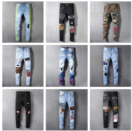 

Mens Jeans Classic Hip Hop Pants Stylist Jeans Distressed Ripped Biker Jean Slim Fit Motorcycle Denim Jeans HJ1, Black-566
