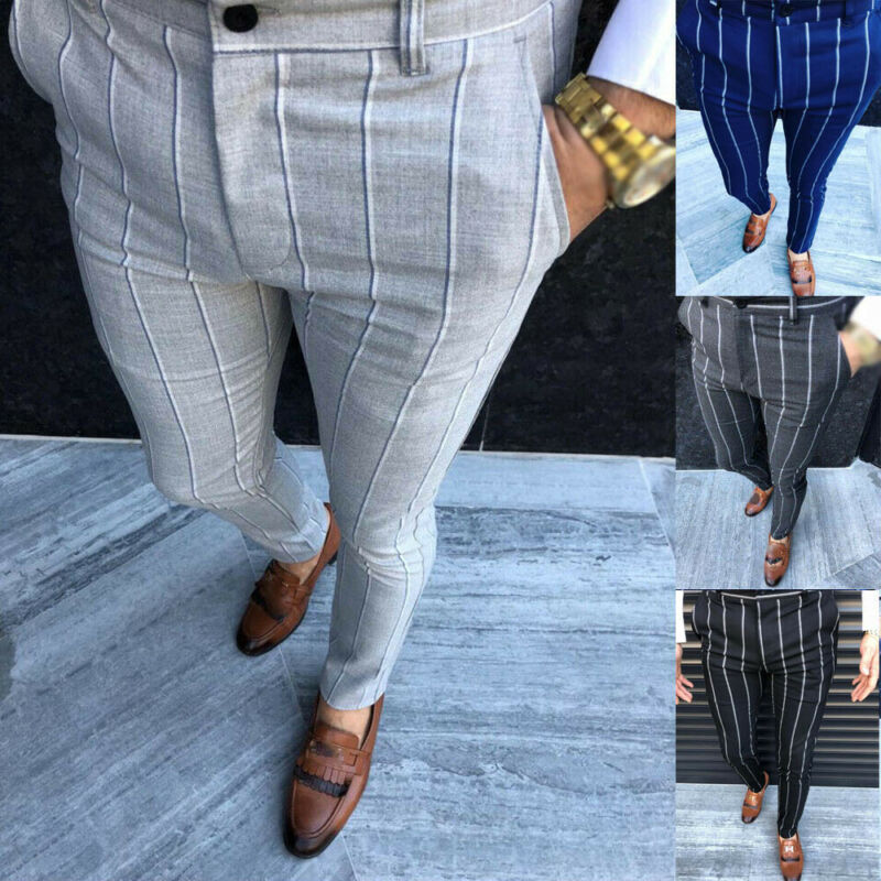 

England Style Men Retro Dress Pants Male Formal Plaid Stripe Pants Casual Trouser Fit Formal Striper Slacks Trousers, Black