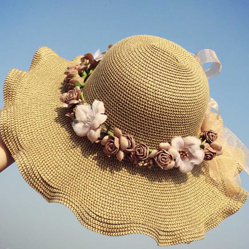 

New Women -edged Korean Flowers Big Coastal Beach Travel Camping Spring and Summer Day Vine Straw Hat J1, Khaki