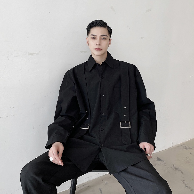 

Stage Show Clothes Men Japan Streetwear Functional Style Bandage Long Sleeve Casual Shirt Male Hip Hop Loose Shirt, 2302 white