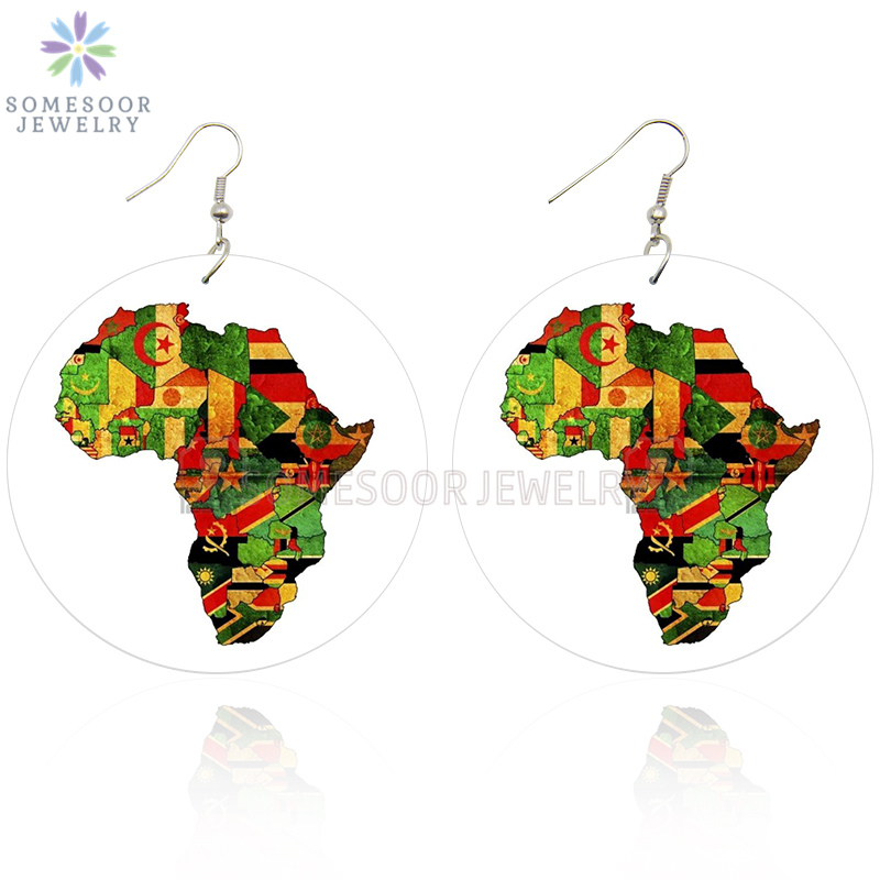 

SOMESOOR Printed United Africa Countries Flags Wooden Drop Earrings Afro Black Rock Hiphop Wood Dangle For Women Christmas Gift